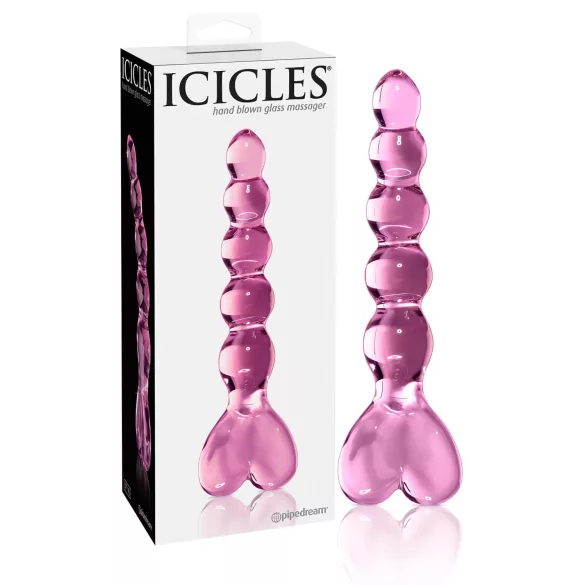 Icicles No. 43 - klaasist dildo südamekujuline helmestega - roosa