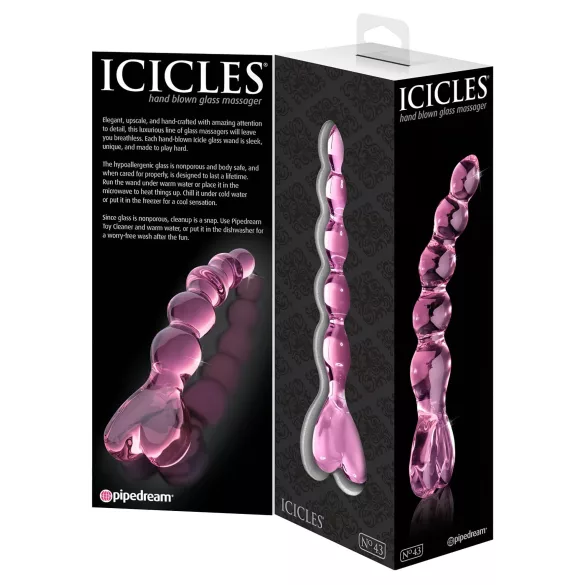 Icicles No. 43 - klaasist dildo südamekujuline helmestega - roosa