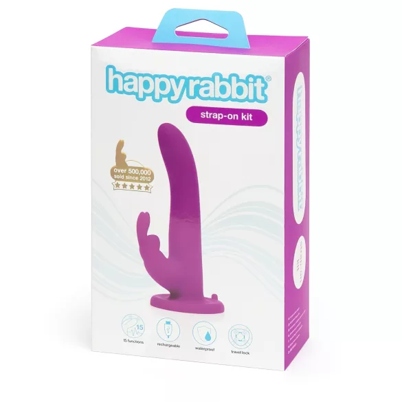 Happyrabbit - strap-on vibreeriv dildo jänku kõrvadega - lilla