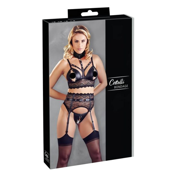 Cottelli Bondage - pitsiline pesukomplekt käeraudadega (must) - L