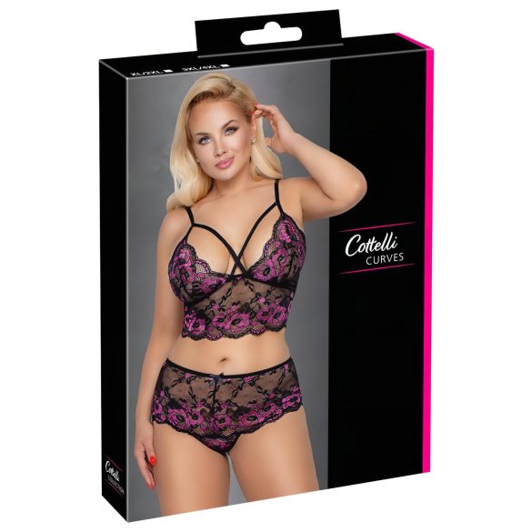 Cottelli Plus Size - lillade õitega rinnahoidja komplekt (must-lilla)