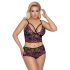 Cottelli Plus Size - lillade õitega rinnahoidja komplekt (must-lilla)