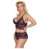 Cottelli Plus Size - lillade õitega rinnahoidja komplekt (must-lilla)