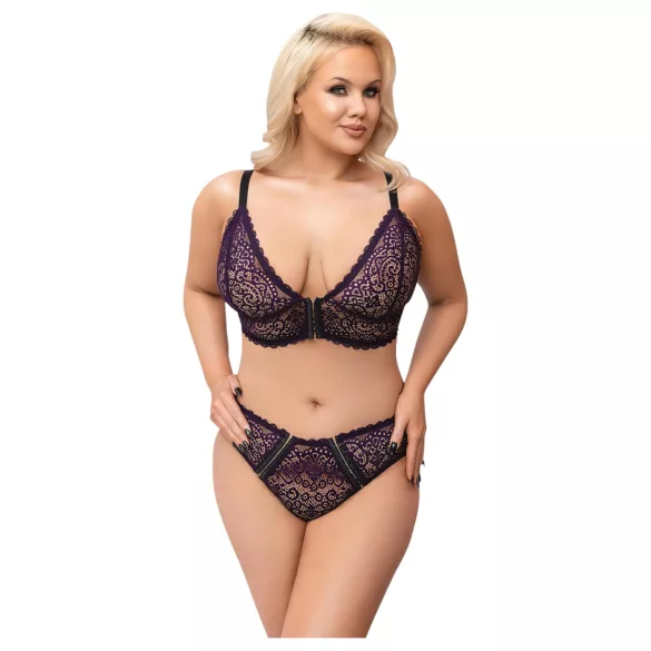 Cottelli Plus Size - läbipaistev mustriga rinnahoidja komplekt (lilla) - 2XL