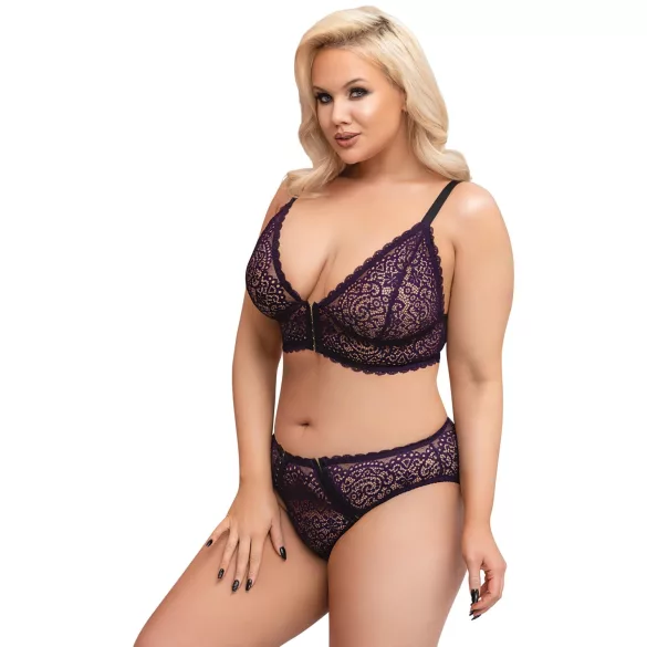 Cottelli Plus Size - läbipaistev mustriga rinnahoidja komplekt (lilla) - 2XL