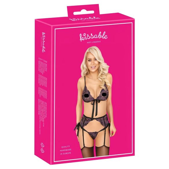 Suudlemiskõlblik must rinnahoidja tikandiga (roosa-lilla) - L/XL