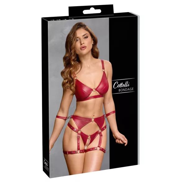 Cottelli Bondage - punane läikiv rinnahoidja ja käeraudade komplekt - L