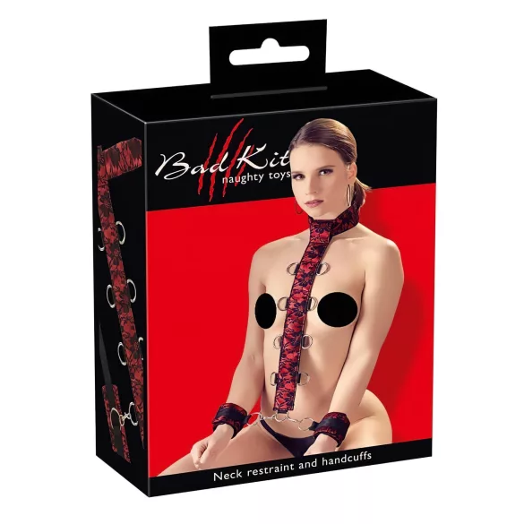 Bad Kitty - kätekinnitused kaelale sidumiseks - punane-must