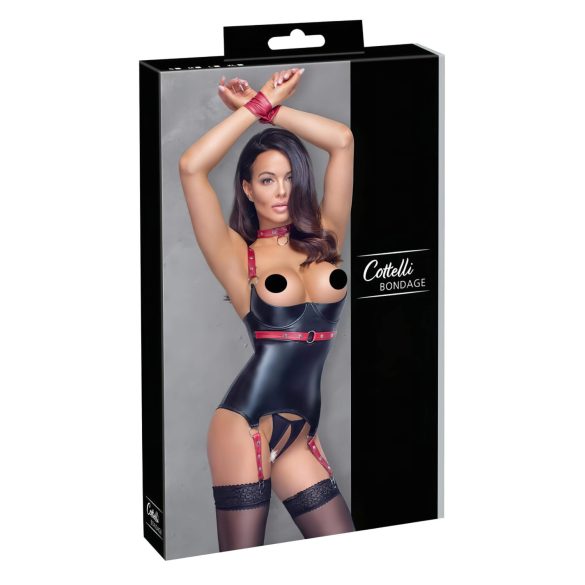Cottelli Bondage - Läikiv, rinna tõstev kaelarihmega topp (must)
