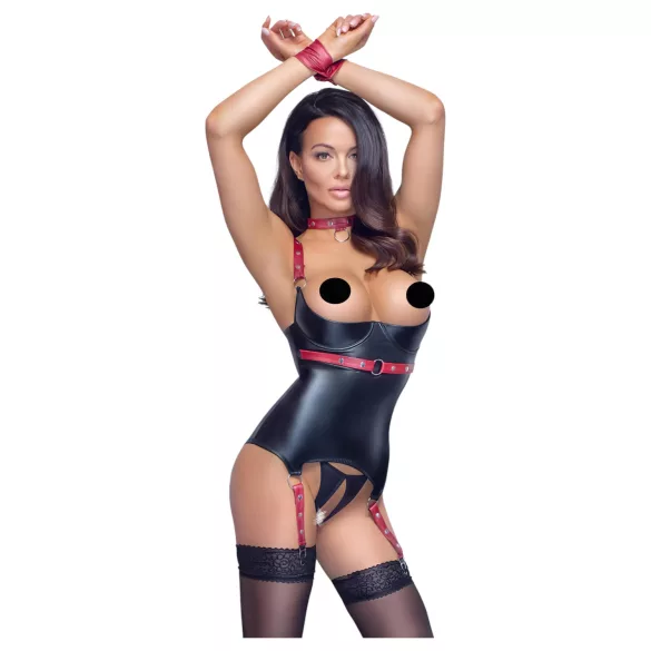 Cottelli Bondage - läikiv rinnahoidjaga top kaelarihmaga - must - M