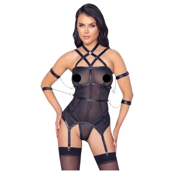 Cottelli Bondage - rihmadega top, käeraudu ja stringid (must) - L