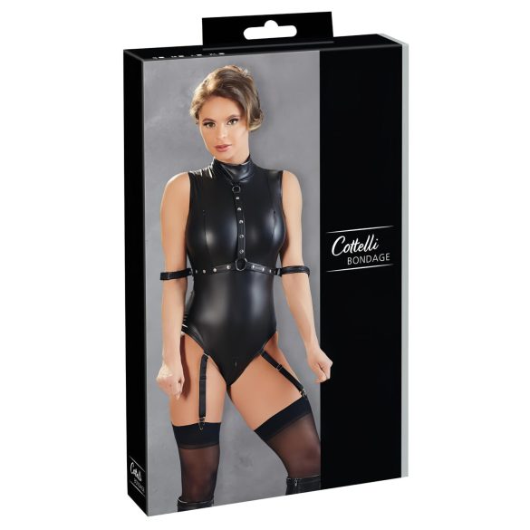 Cottelli Bondage - varrukesteta läikiv body ja käeraudu (must)