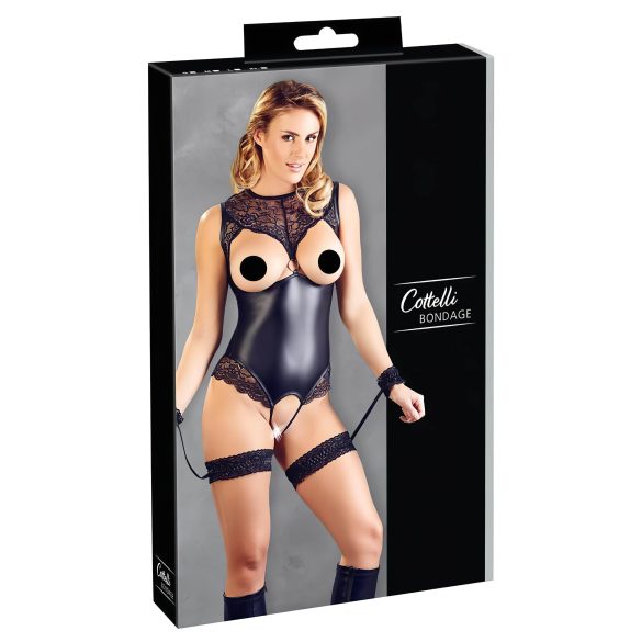 Cottelli Bondage - läikiv avatud body ja käeraud (must) - L