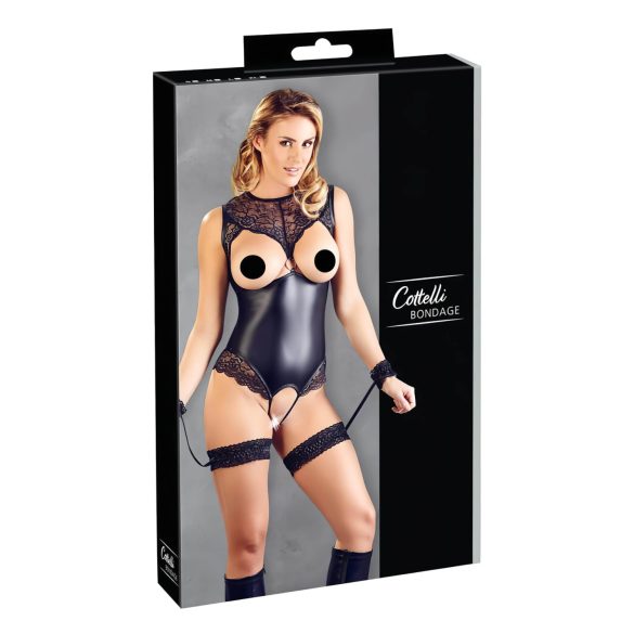 Cottelli Bondage - läikiv avatud body ja käeraud (must) - L