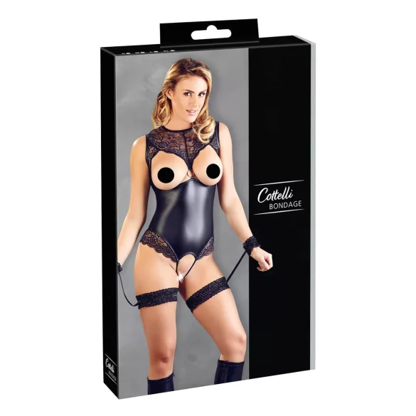 Cottelli Bondage - lakknahatest bodi ja käeraudadega - must - L