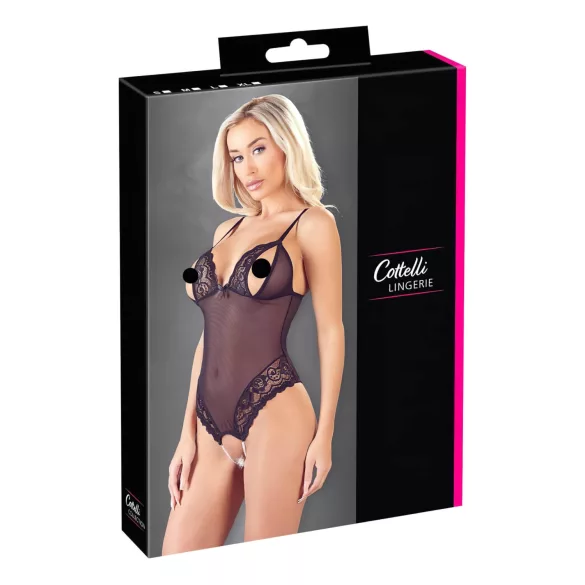 Cottelli - avatud body pitsi ja pärlitega - must