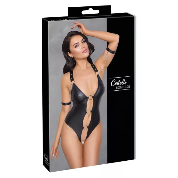 Cottelli Bondage - läikiv avatud kehaülikond rõngastega must - XL