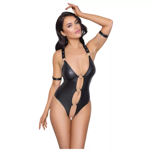 Cottelli Bondage - läikiv avatud kehaülikond rõngastega must - XL