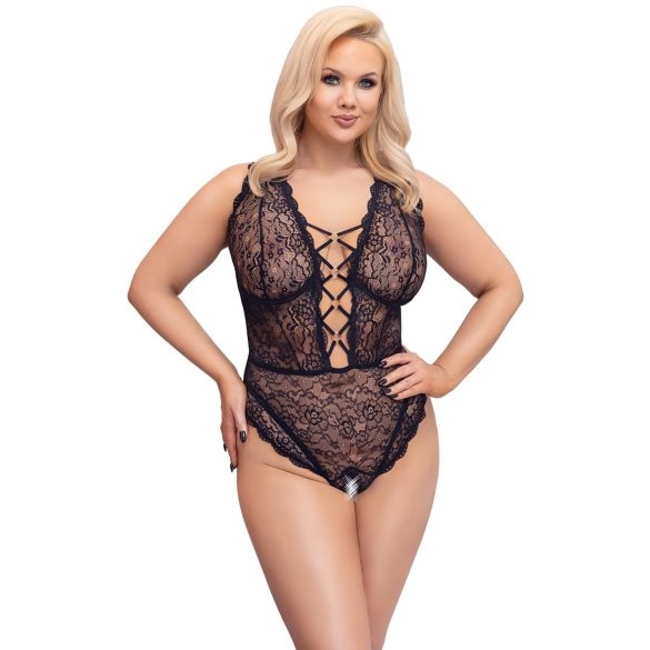 Cottelli Curves Plus Size - läbipaistev mustriga bodi - must - suured suurused