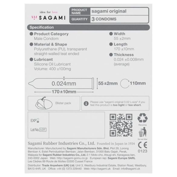 Sagami Original 0,02 - kondoomid - 55 mm - 3 tk