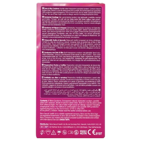 Skins - tekstuuriga kondoomid - sooneline ja täpiline - 8 tk