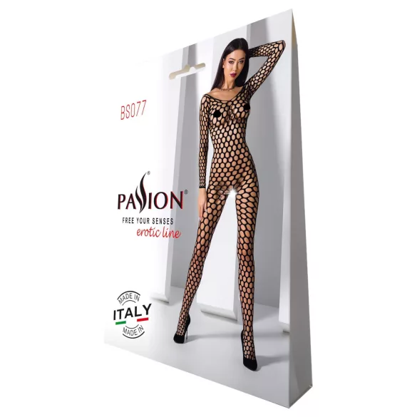 Passion BS077 - võrkmaterjalist pikkade varrukatega catsuit - must - S-L