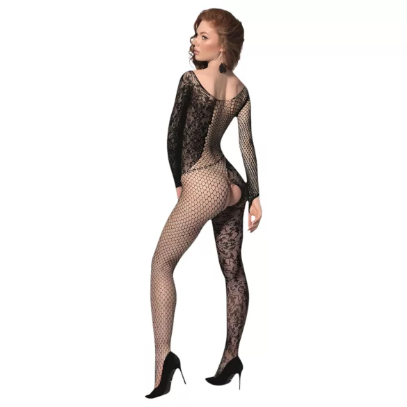 Passion BS107 - võrkmuster catsuit - lilleline mustriga - must - S-L