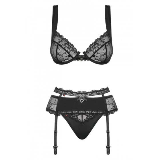 Obsessive Heartina - Floral Lingerie Set with Heart Decoration (Black) - L/XL