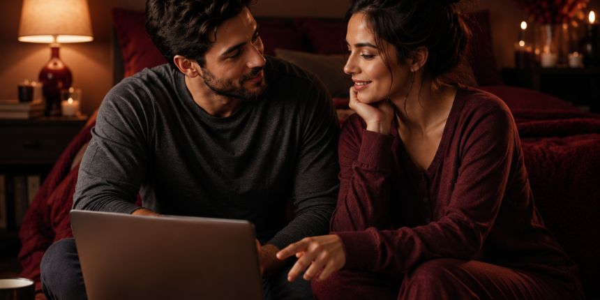 Paar räägib avameelselt, kuidas voodis oma soove väljendada, hubases magamistoas, lovesexshop.ee seksipood
