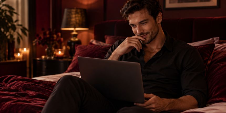 Mees istub voodil sülearvutiga ja loeb masturbatsiooninippe | lovesexshop.ee seks pood